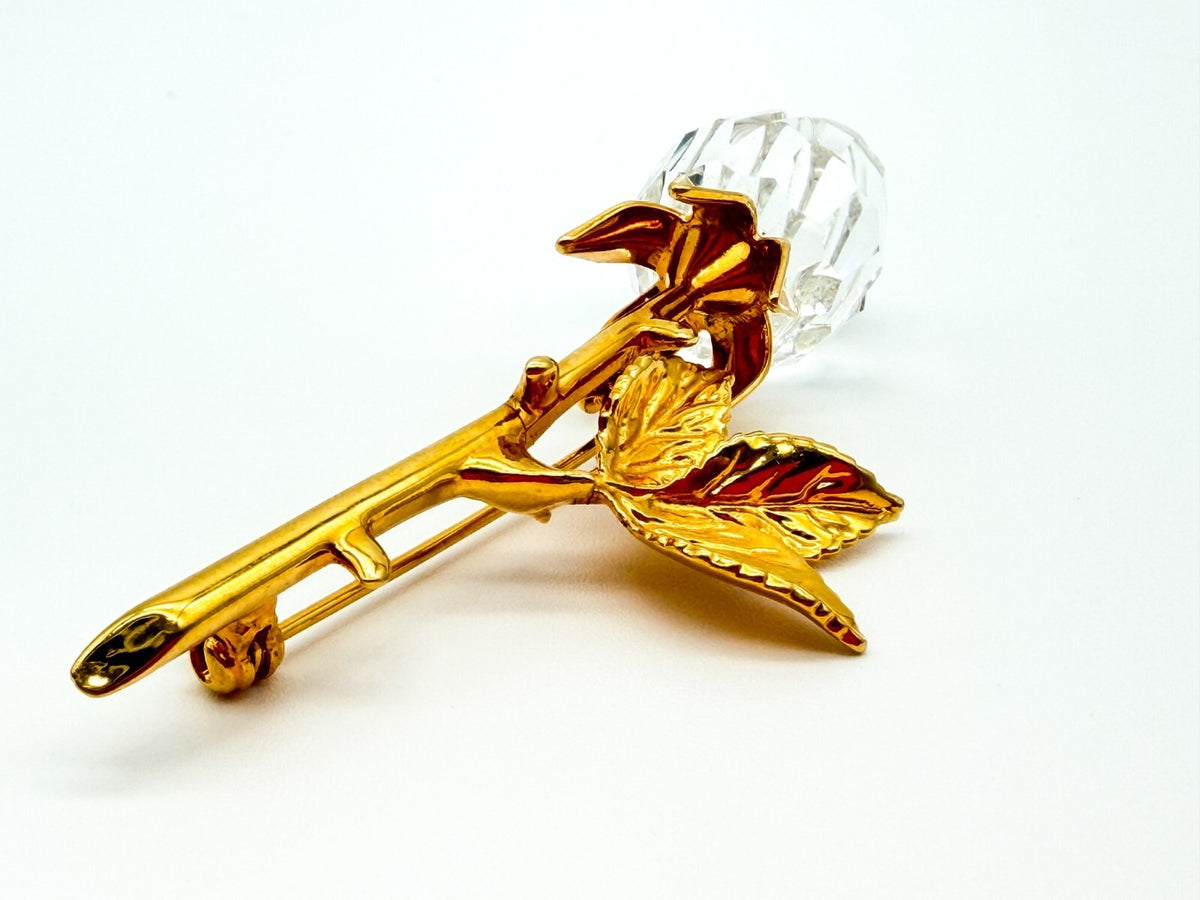 Vintage Large Gold Tone Rose Flower Brooch Pin Crystal Statement Floral
