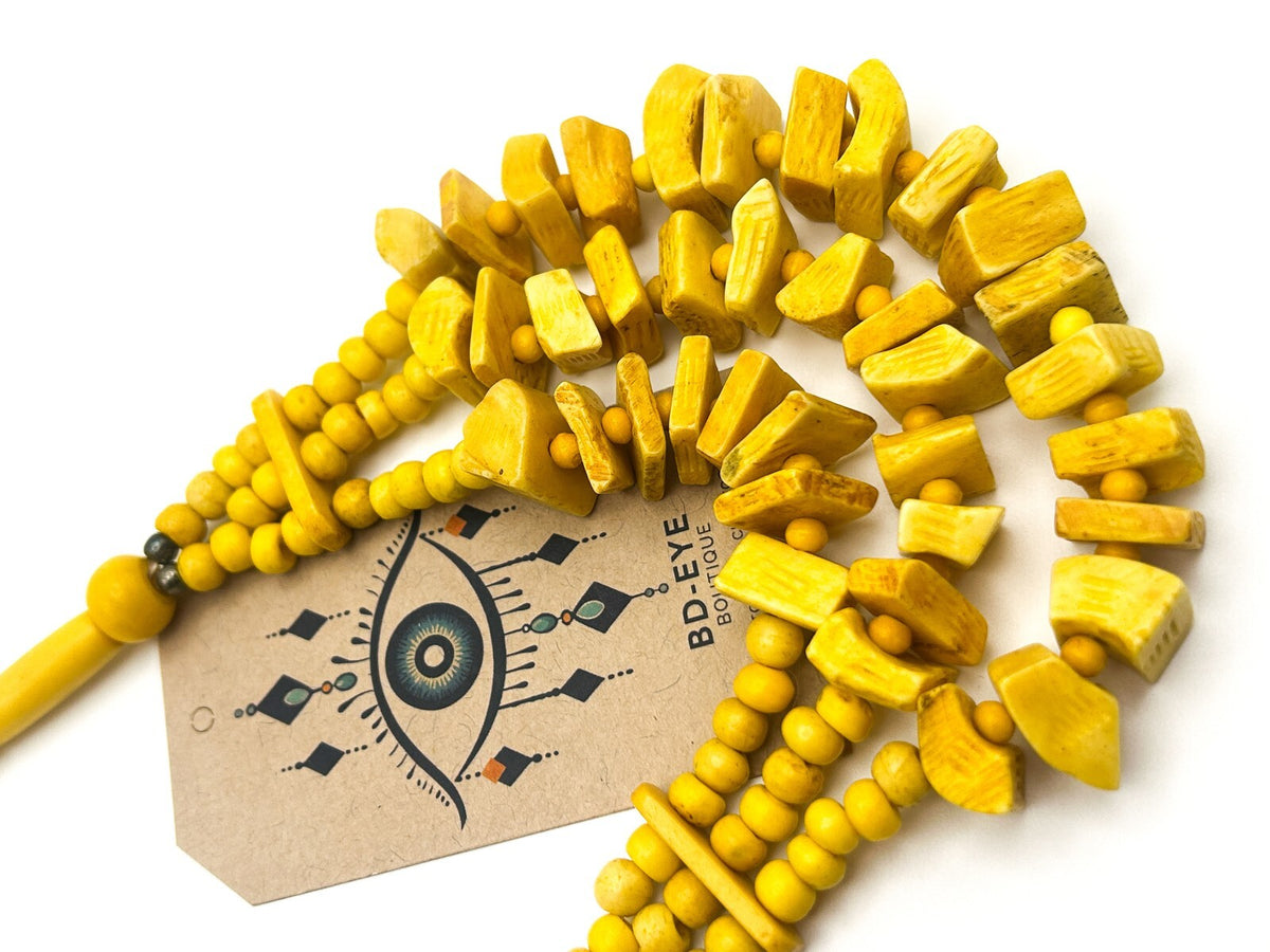 Vintage Bright Yellow Triple-Strand Organic Material Bib Necklace