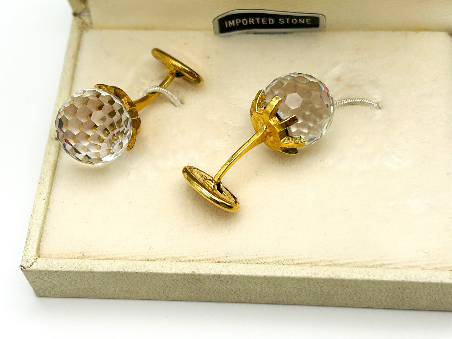 Don Loper Rock Crystal Cufflinks Gold Tone Iridescent Colour Shift Vintage Boxed