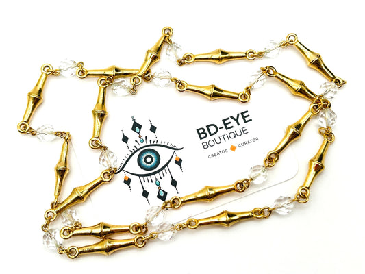 Vintage Gold Tone Bamboo Link Necklace Clear Faceted Glass Beads Retro