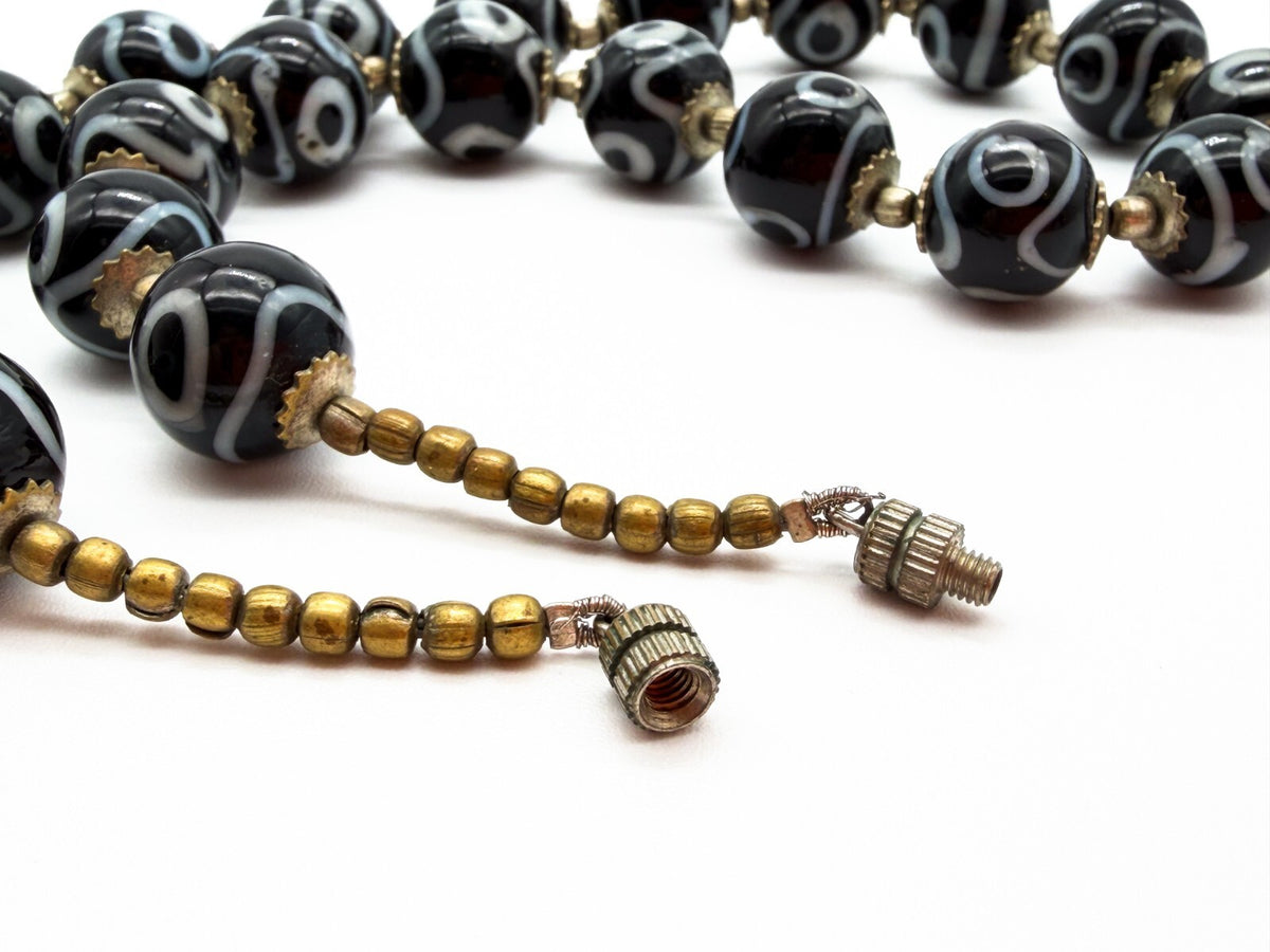 Vintage Black White Dzi Style Necklace Tibetan Bead Statement Glass 17”