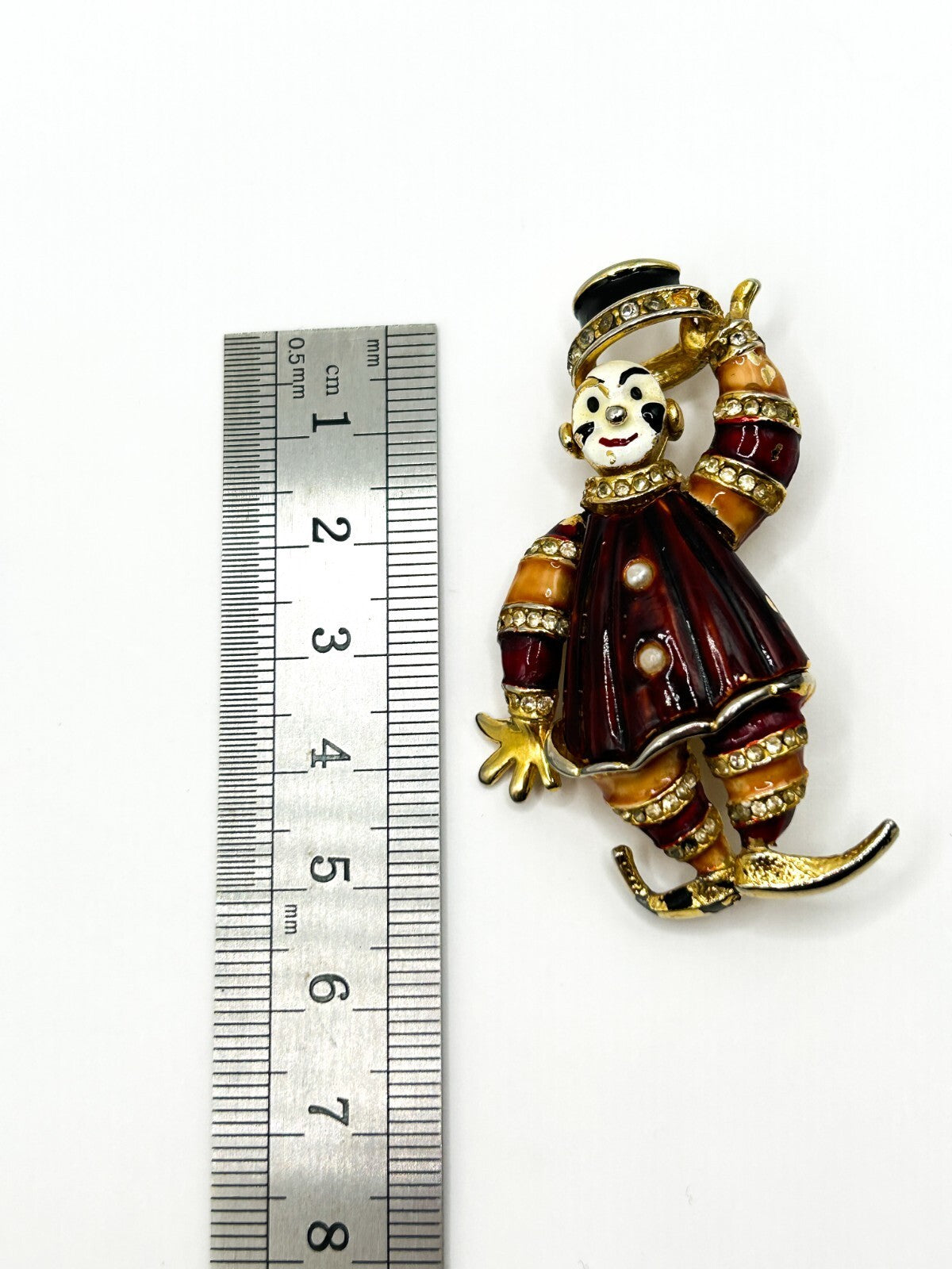 Vintage Enamel Jester Clown Brooch Rhinestone Figural Gold Tone 5.5cm