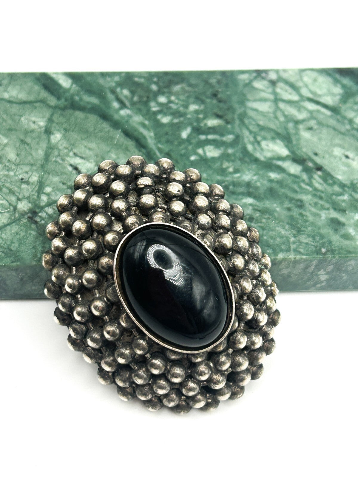 Vintage Black Cabochon Brooch Victorian Revival Style Silver Tone Domed Pin