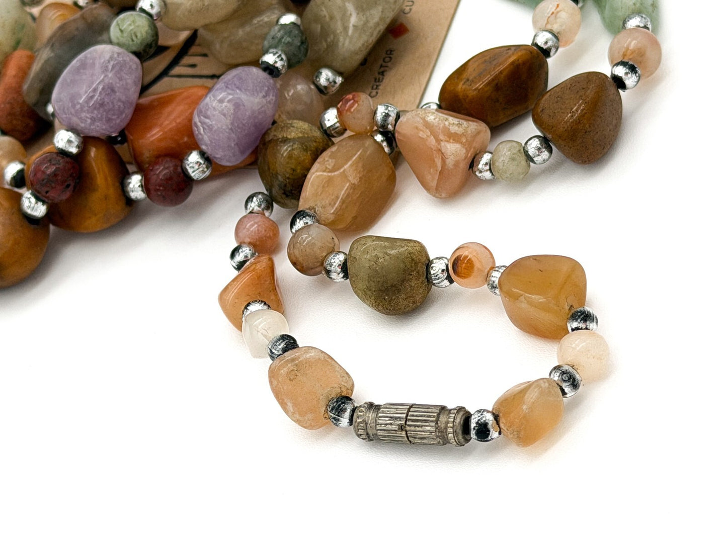 Vintage Mixed Gemstone Necklace Amethyst Citrine Jasper Quartz Nugget Strand 31”