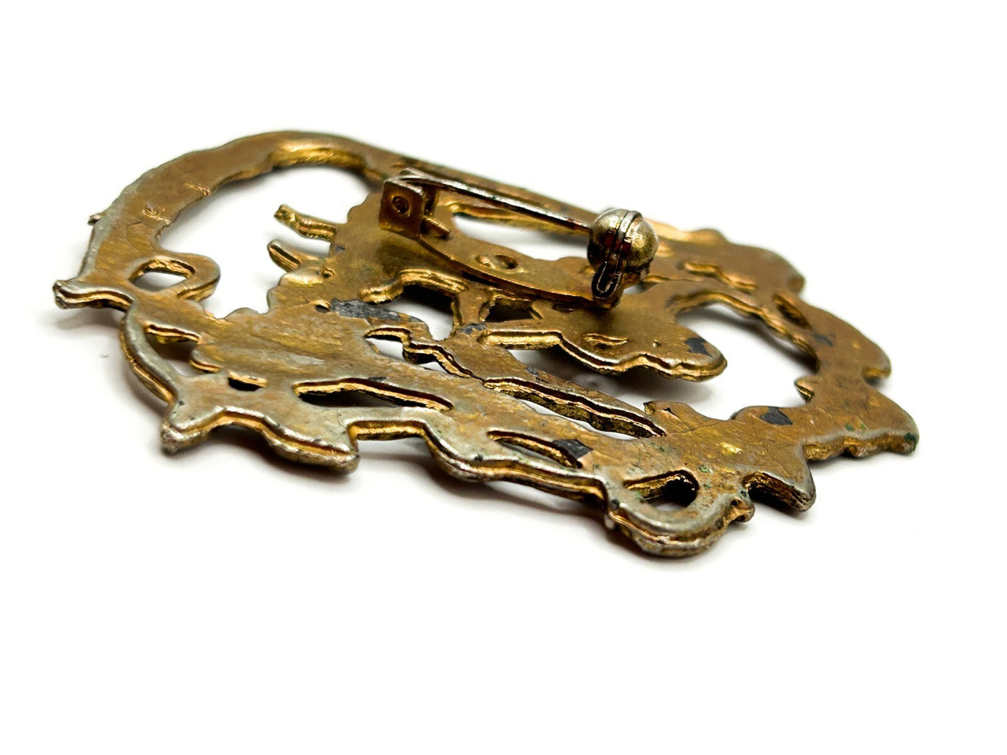 Vintage Art Nouveau Revival Lady Brooch Figural Woman Floral Openwork Gold Tone