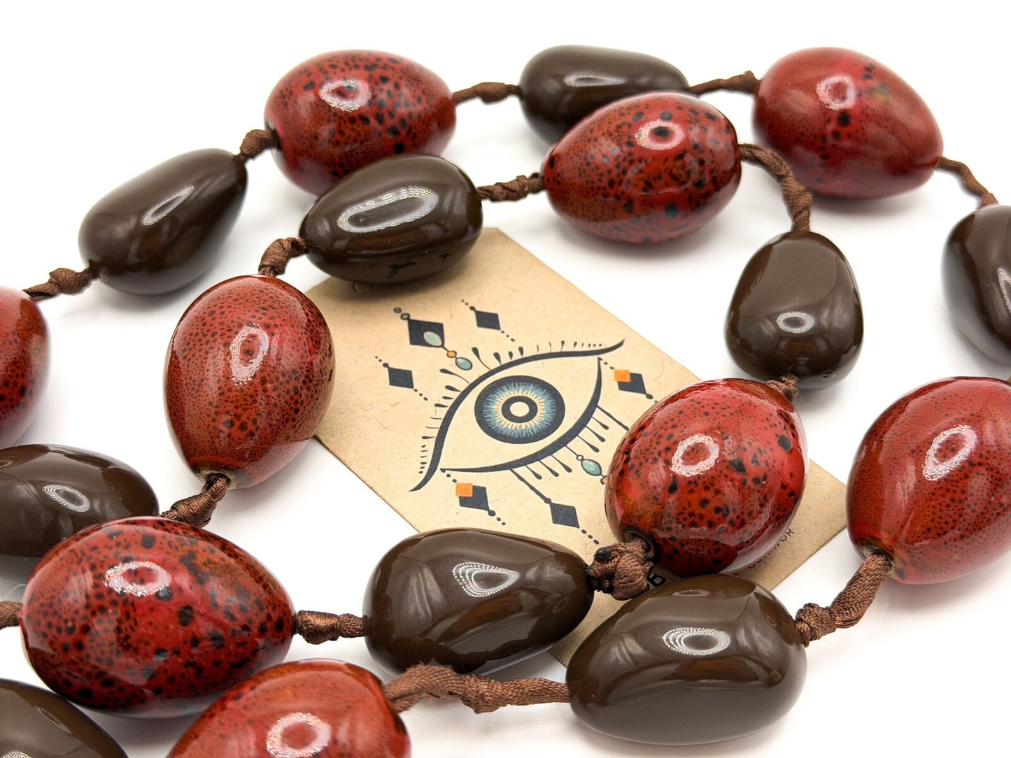 Chunky Red Ceramic & Brown Acrylic Long Statement Necklace – Heavy Cord Knotted