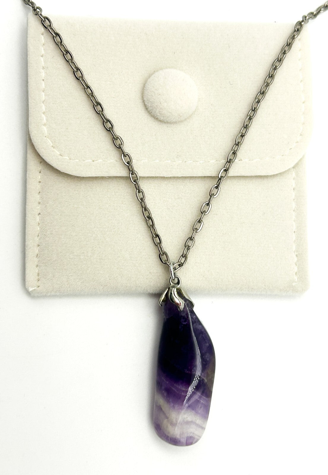 Banded Amethyst Pendant Necklace on Silver Tone Chain