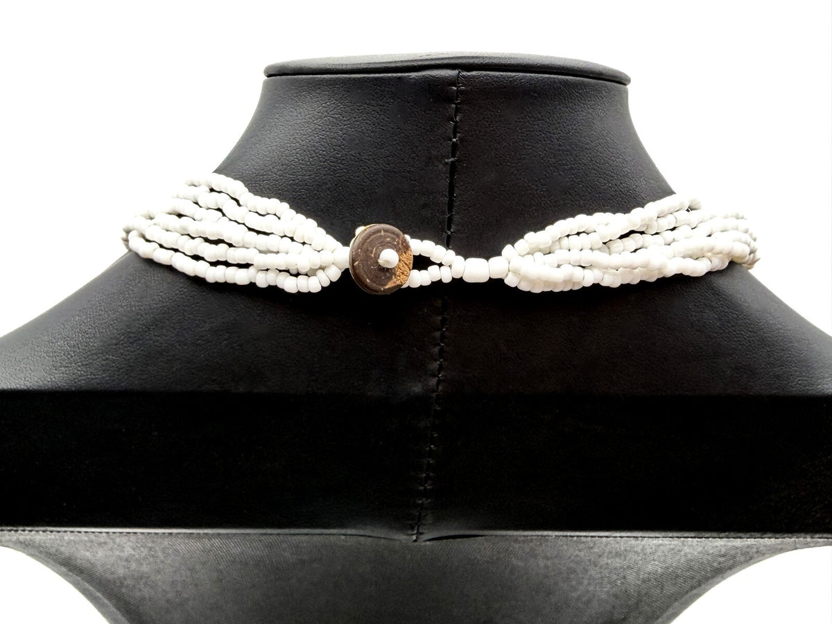 Vintage Multi-strand White Seed Bead Brown Striped Heart Pendant Tassel Necklace