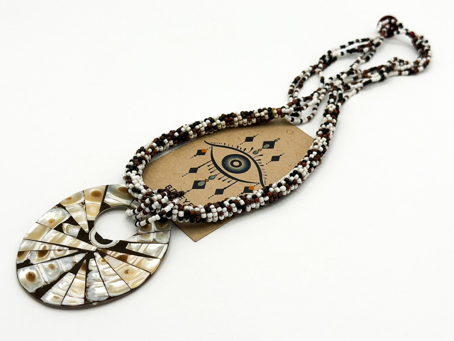 Five Strand Brown, White & Black Seed Bead Necklace with Shell Inlay Donut Penda
