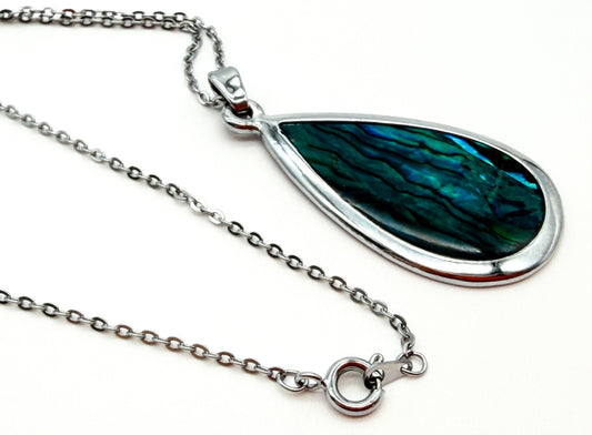Abalone Shell Teardrop Pendant Necklace Silver Tone 18 Inch Dainty Blue Green
