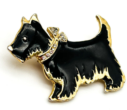 Vintage Gold Tone Black Enamel Scottish Terrier Brooch Scottie Pin Rhinestone