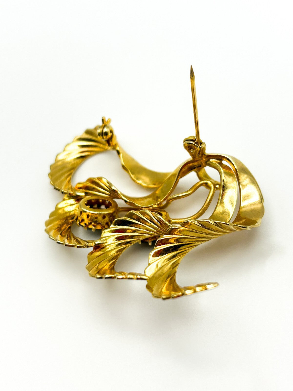 Vintage Art Nouveau Style Gold Tone Abstract Ribbon Brooch Green Rhinestones
