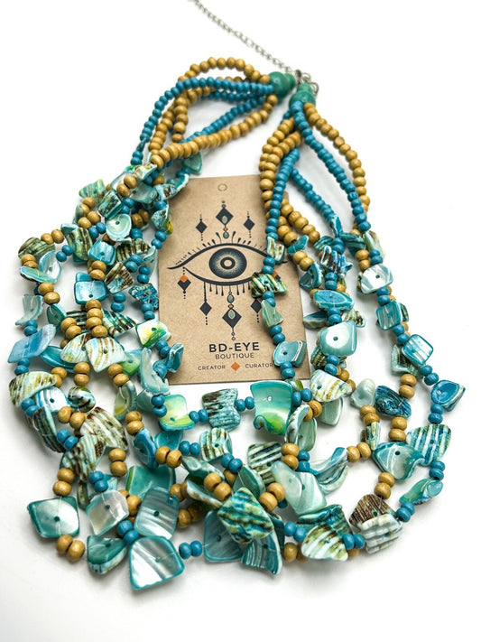 Layered Blue Shell and Wood Multi-Strand Necklace - Boho Sea Beach Surf