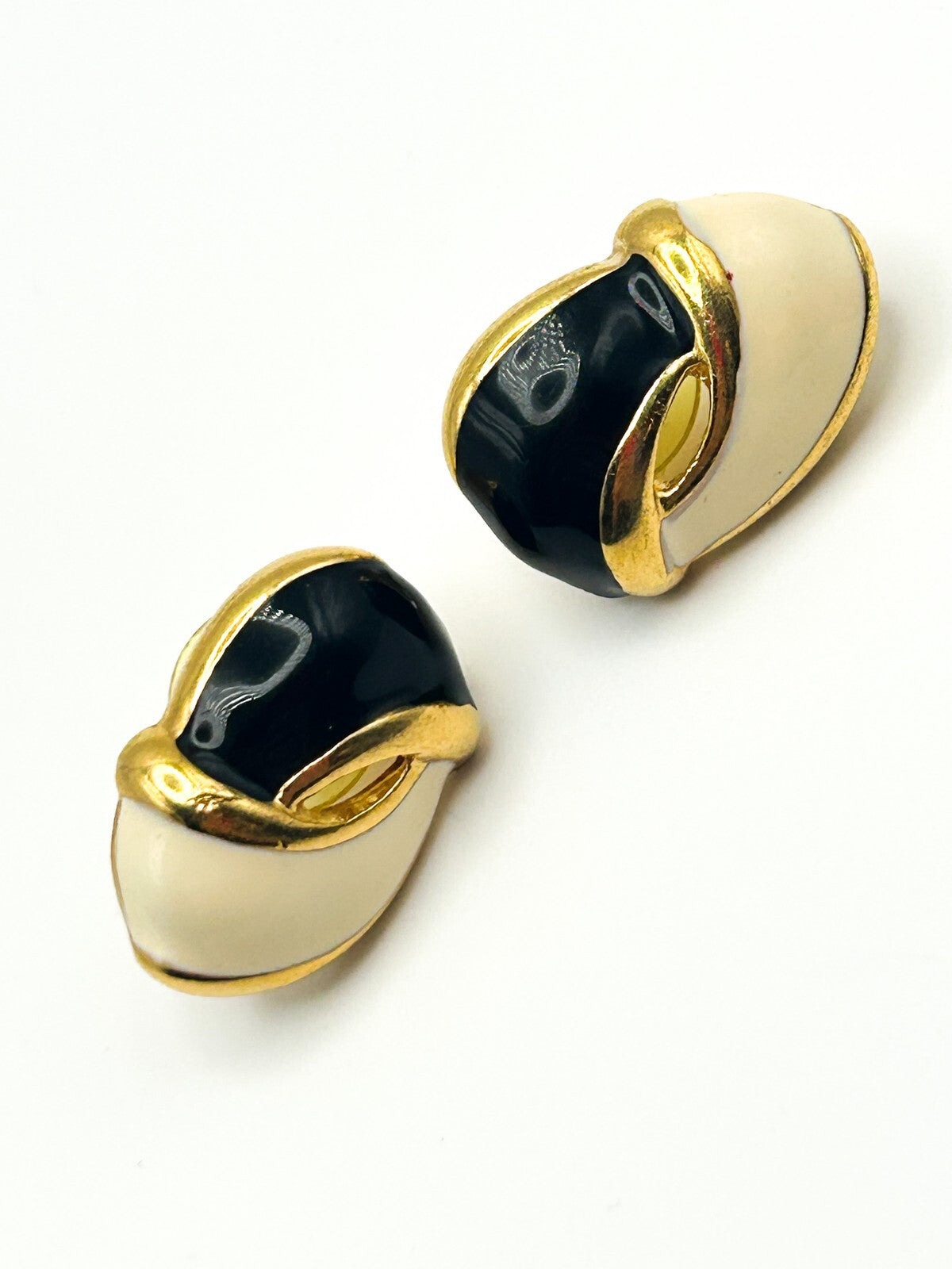 Vintage Black, Cream & Gold Tone Enamel 80s Ribbon Effect Earrings