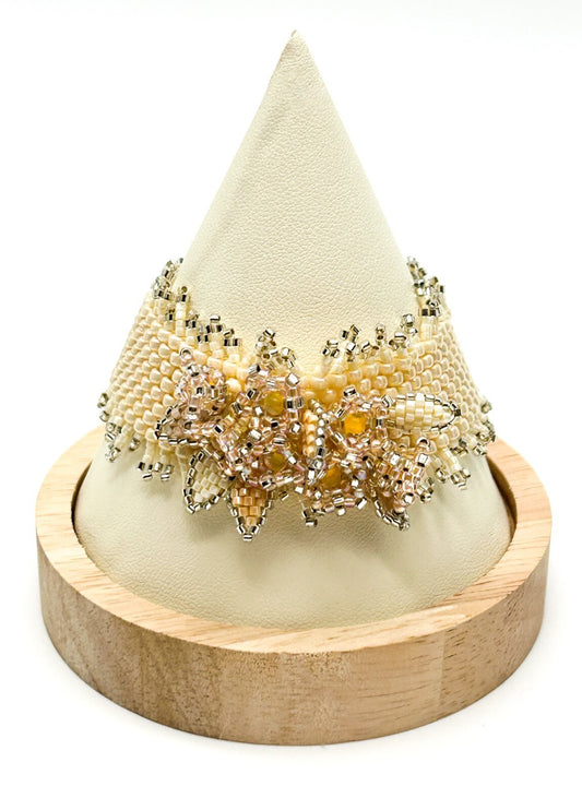 Handmade Cream & Peach Seed Bead Floral Cuff Bracelet