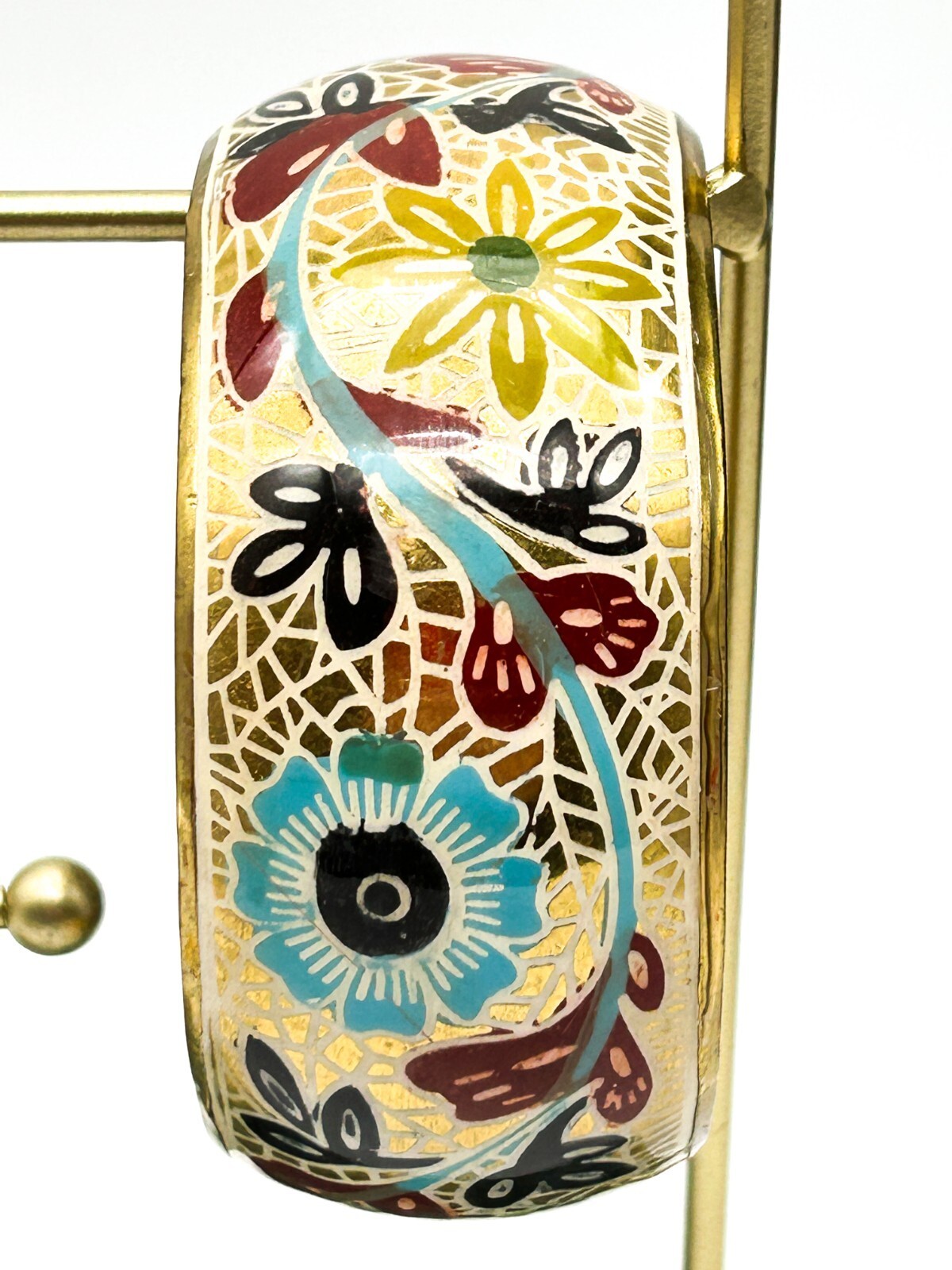 Vintage Painted Brass Floral Wide Bangle Boho Folk Art Bracelet Flower Leaf Cuff