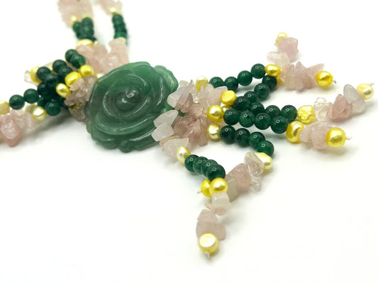 Jade, Rose Quartz, Pearl Triple Strand Statement Necklace Carved Rose Pendant