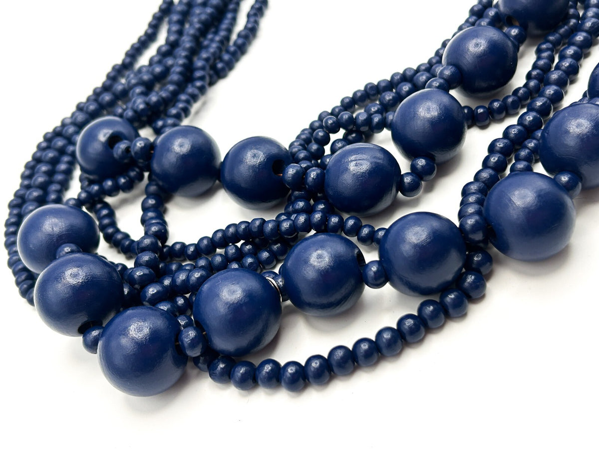 7-Strand Navy Blue Wood Beaded Bib Necklace – 16”