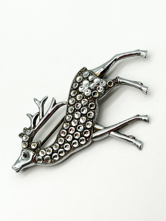 Vintage Deer & Stag Marcasite Brooch Pair Silver Tone