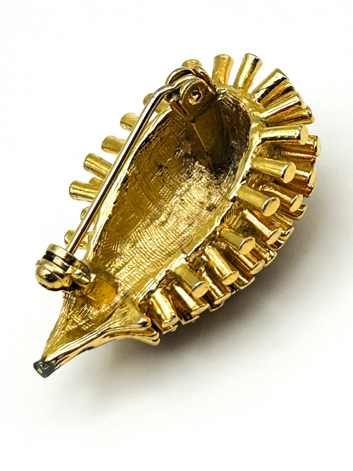 Vintage Hedgehog Brooch Gold Tone Animal Pin Green Rhinestone Eyes