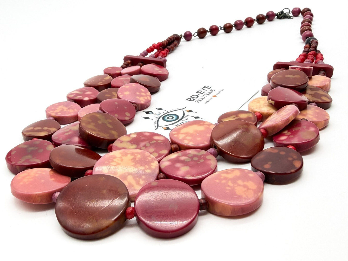 Triple Strand Pink Statement Necklace Red Disc Beads Chunky Layered 25"