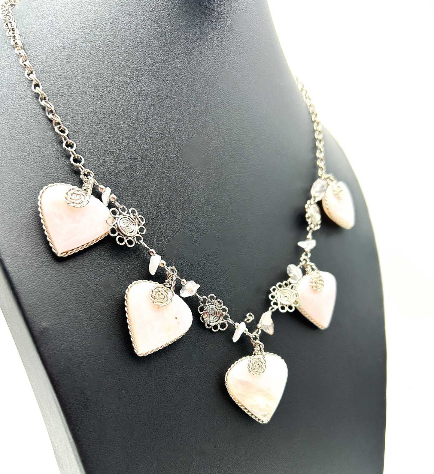 Peruvian Alpaca Silver Pink Hearts Charm Necklace Hand-crafted Gemstone