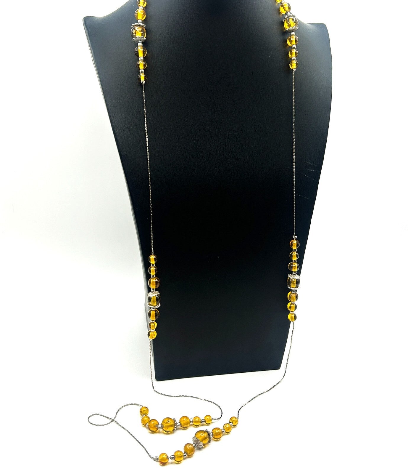 Vintage Graduated Long Amber Glass Bead Necklace on Silver-Tone Chain 70s Retro