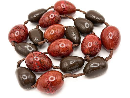 Chunky Red Ceramic & Brown Acrylic Long Statement Necklace – Heavy Cord Knotted