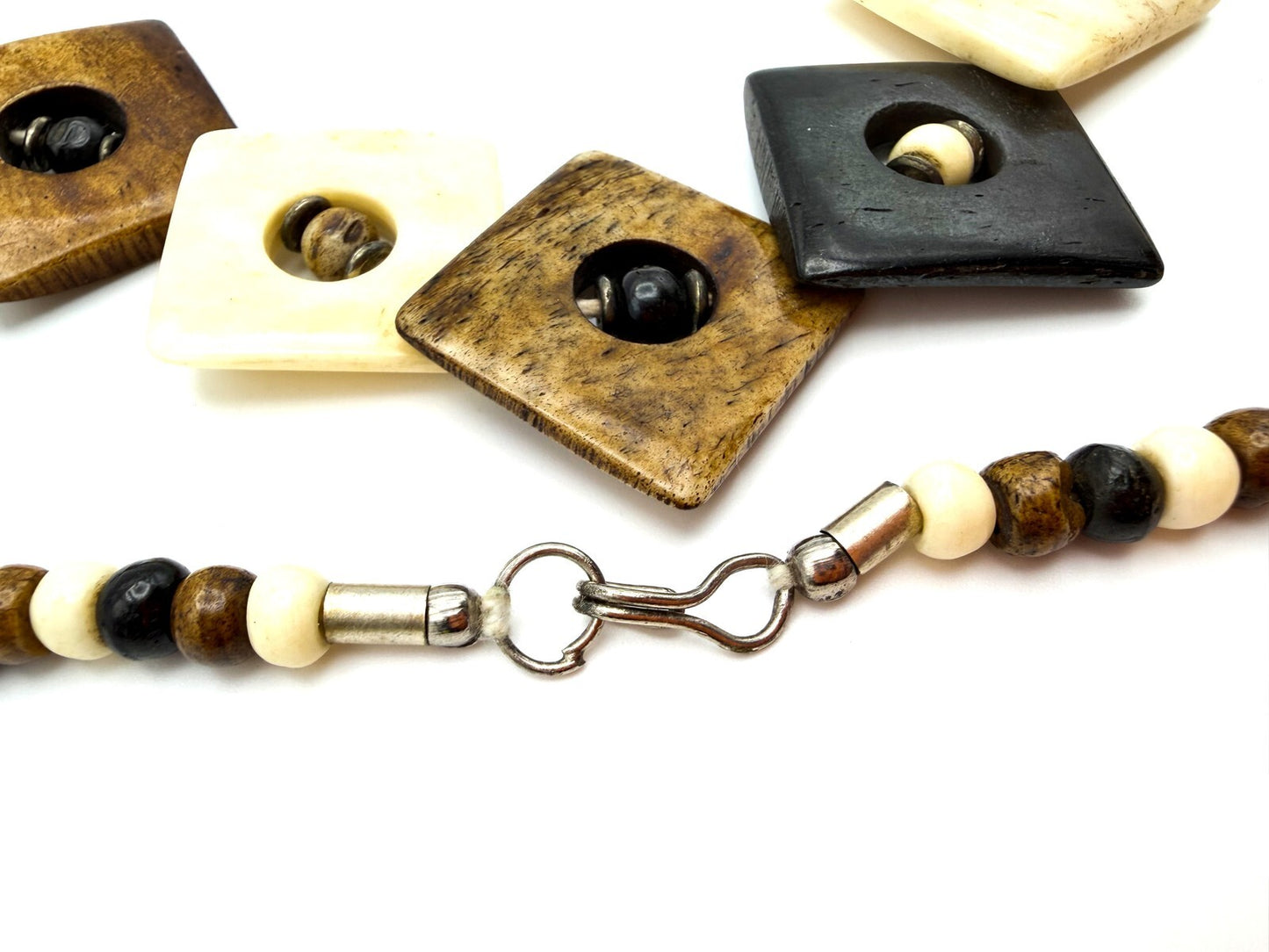 Vintage Organic Material Brown & Cream Inlaid Square Beaded Statement Necklace