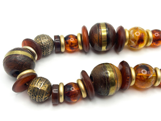 Vintage Graduated Wood & Faux Amber Beaded Statement Necklace