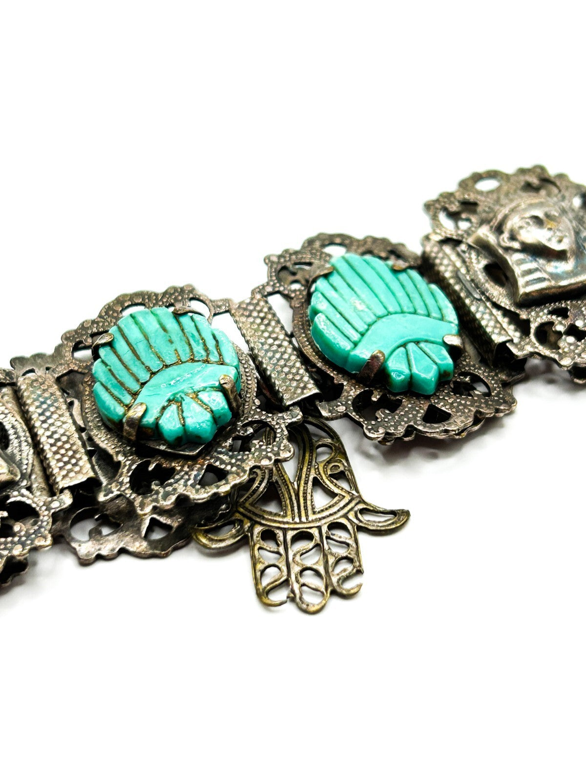 Vintage Egyptian Revival Pharaoh Scarab Panel Bracelet Turquoise Hamsa Tourist