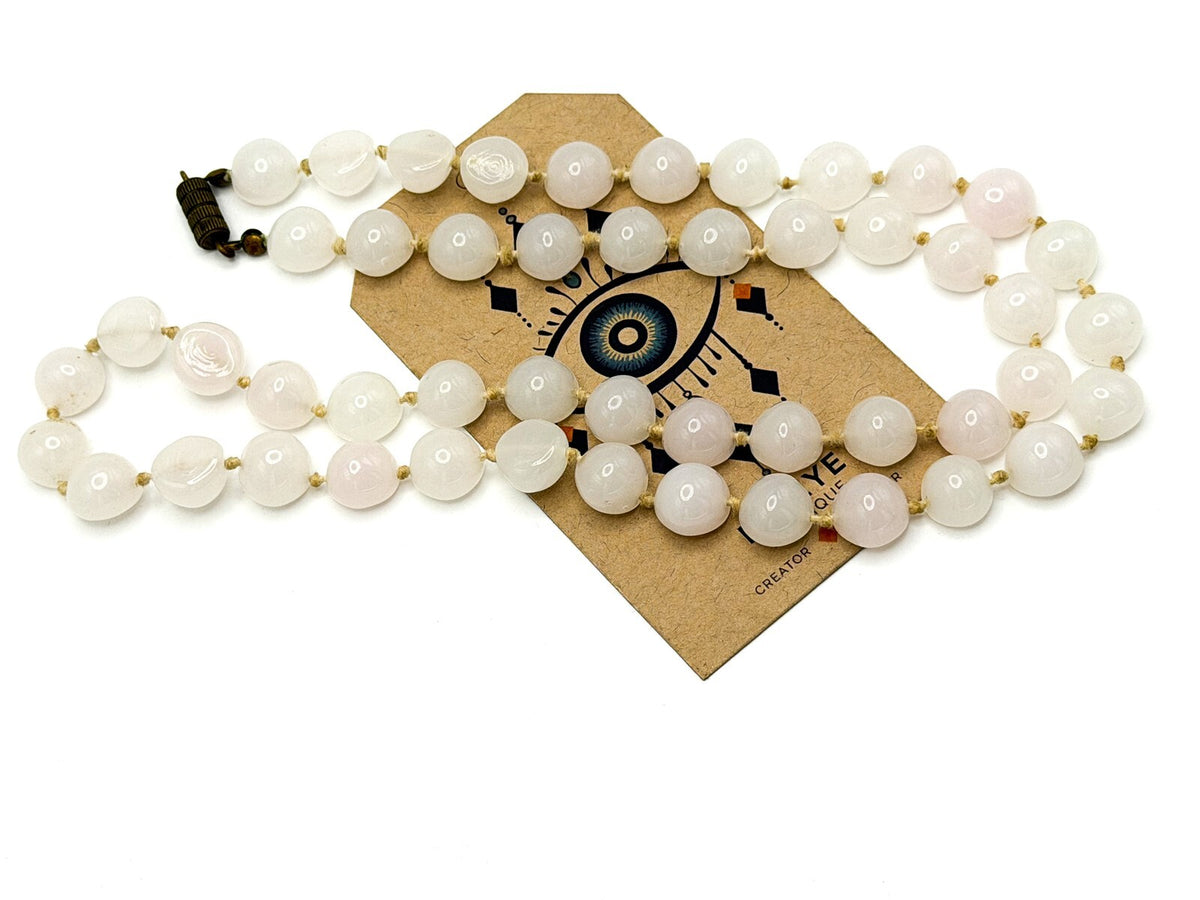 Pale Rose Quartz Domed Bead Necklace – Hand-Knotted, 25”
