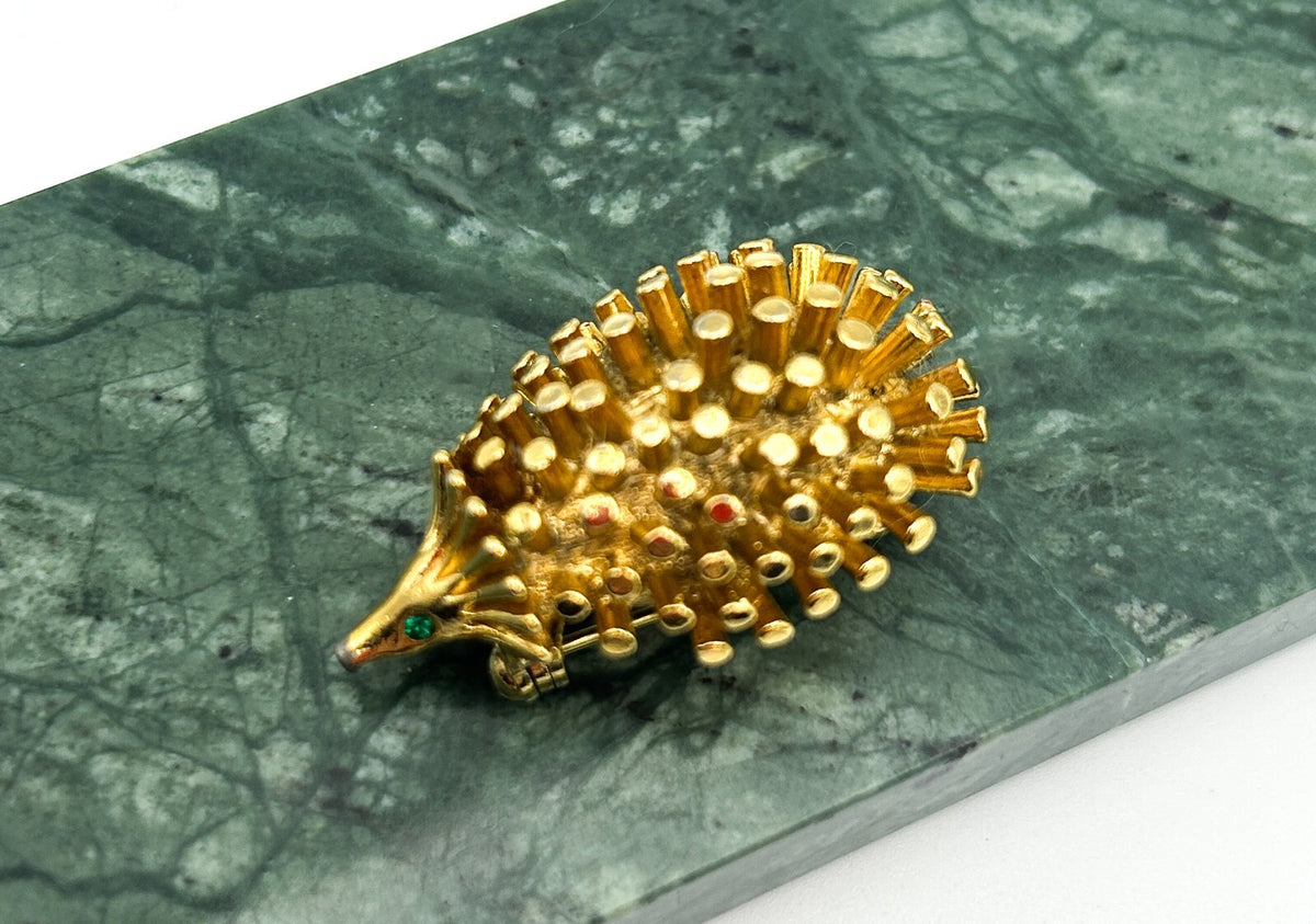 Vintage Hedgehog Brooch Gold Tone Animal Pin Green Rhinestone Eyes