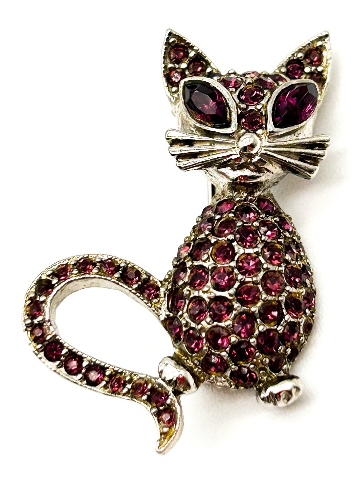 Vintage Purple Rhinestone Cat & Gold Tone Cat Head Brooches Figural Pin