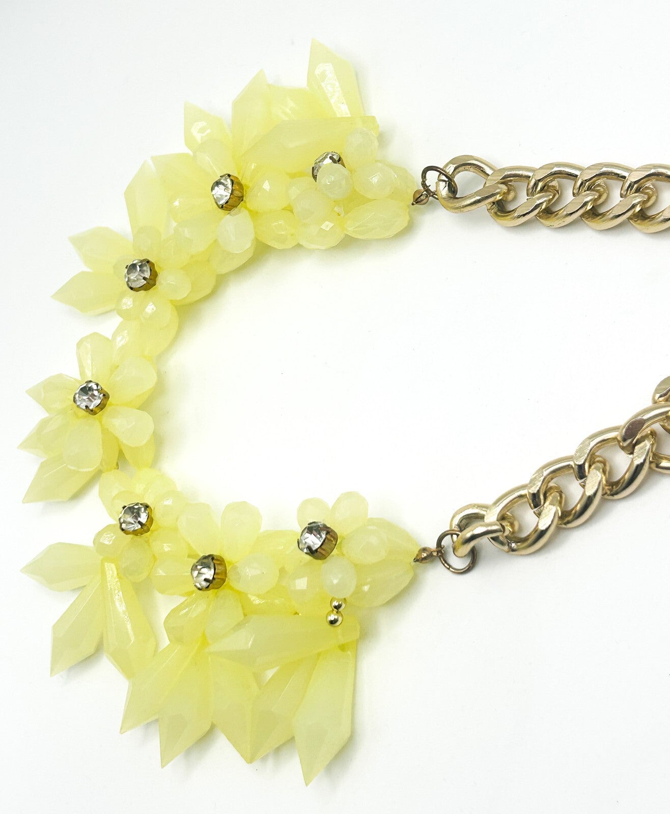 Yellow Faceted Teardrop & Rhinestone Flower Statement Necklace – 19”