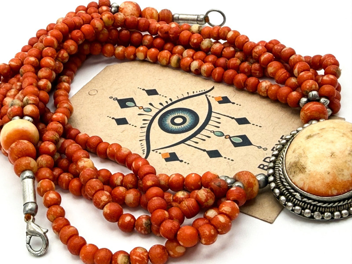 Multi Strand Red Coral Bead Necklace Ornate Oval Pendant 19 Inch Statement