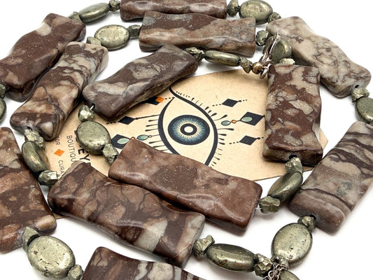 Chunky Carved Jasper Necklace Semi Precious Pyrite & Hematite - Gemstone Boho