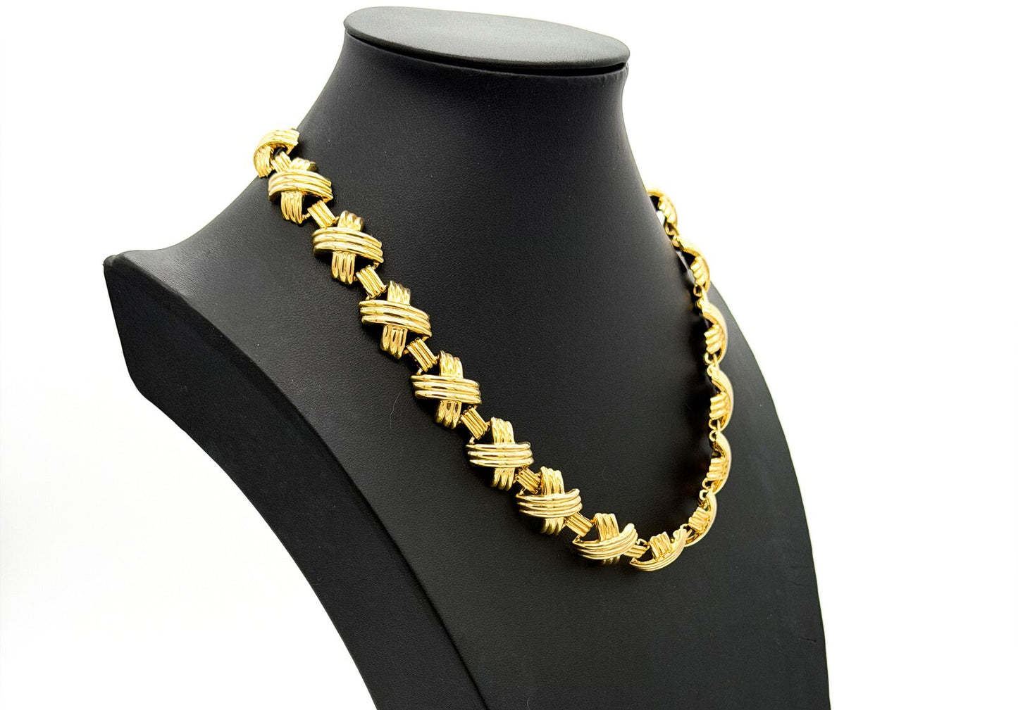 Gold Tone Ribbed X Link Articulated Statement Necklace 18” 80s Napier Inspired