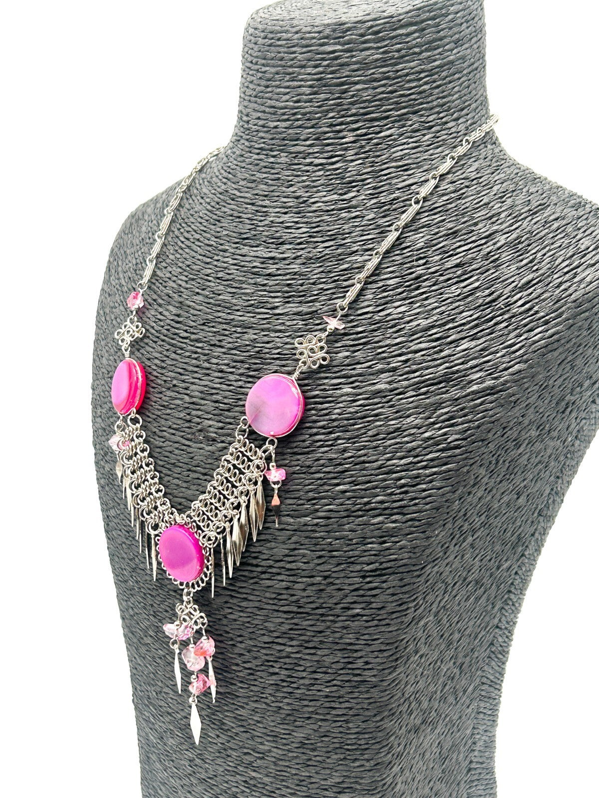 Peruvian Alpaca Necklace Earrings Set Pink Agate Chainmail Fringe Boho Statement