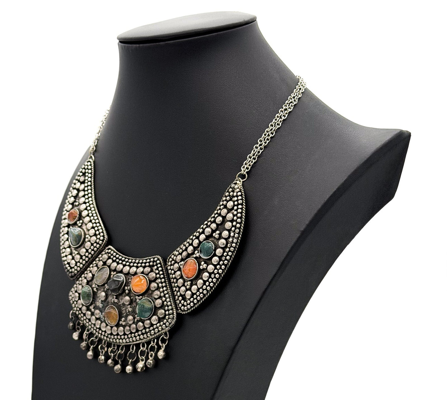 Vintage Statement Bib Necklace Set Silver Tone Ethnic Turkish Style Earrings