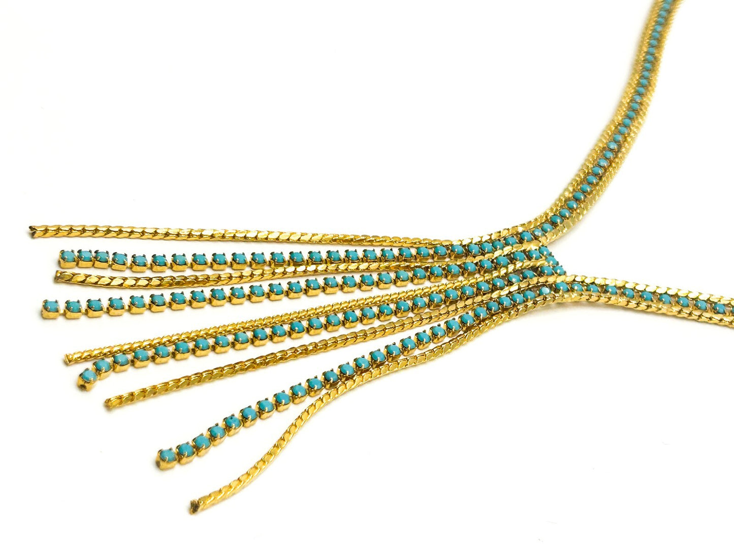 Gold Tone Turquoise Glass Lariat Necklace – Vintage Mesh Tassel Design