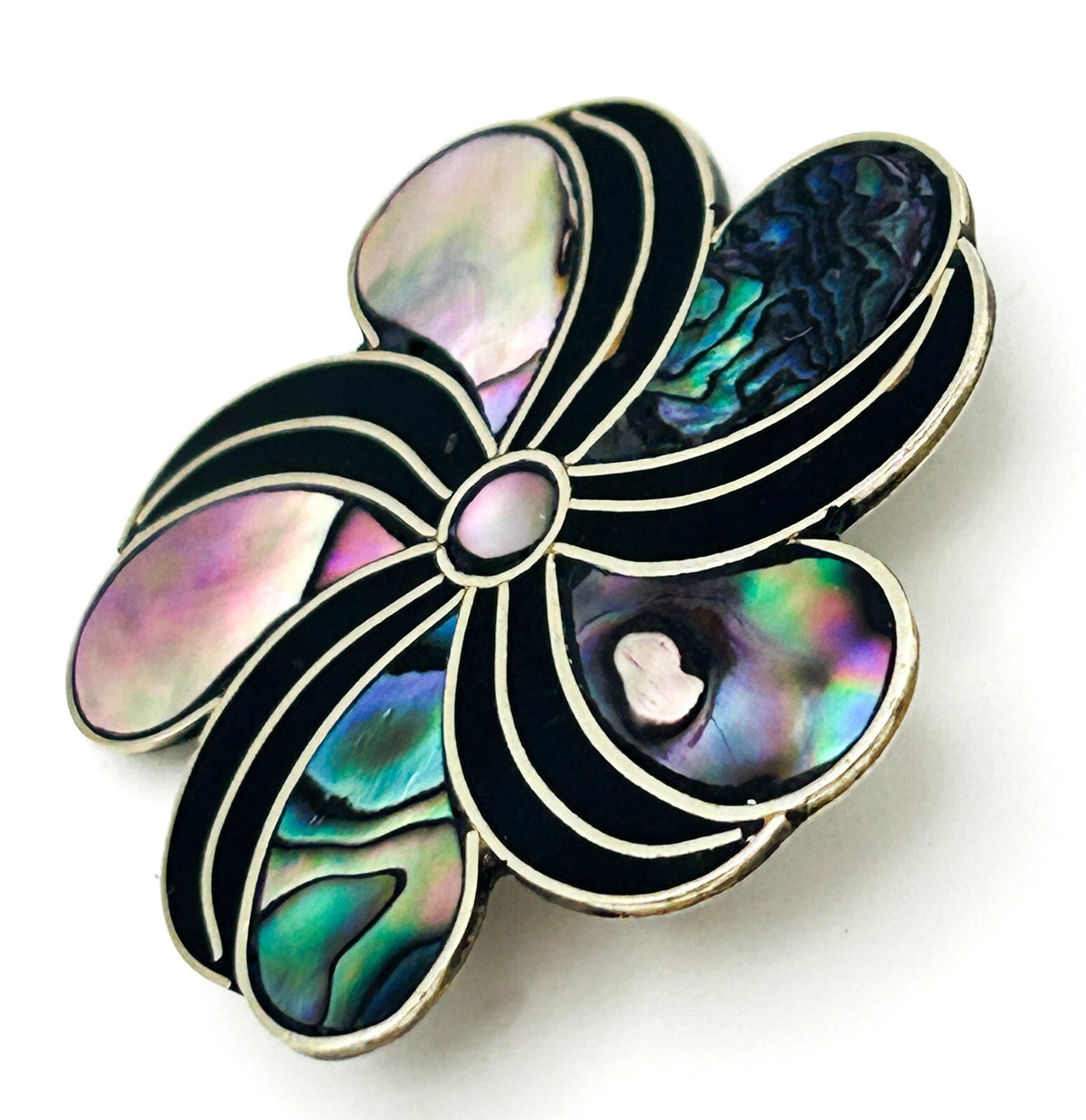 Vintage Alpaca Mexico Abalone Shell Inlay Flower Brooch Black Enamel Swirl