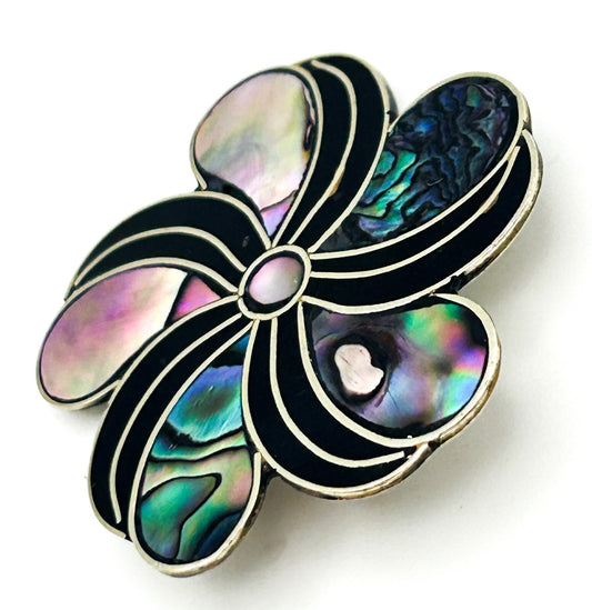 Vintage Alpaca Mexico Abalone Shell Inlay Flower Brooch Black Enamel Swirl
