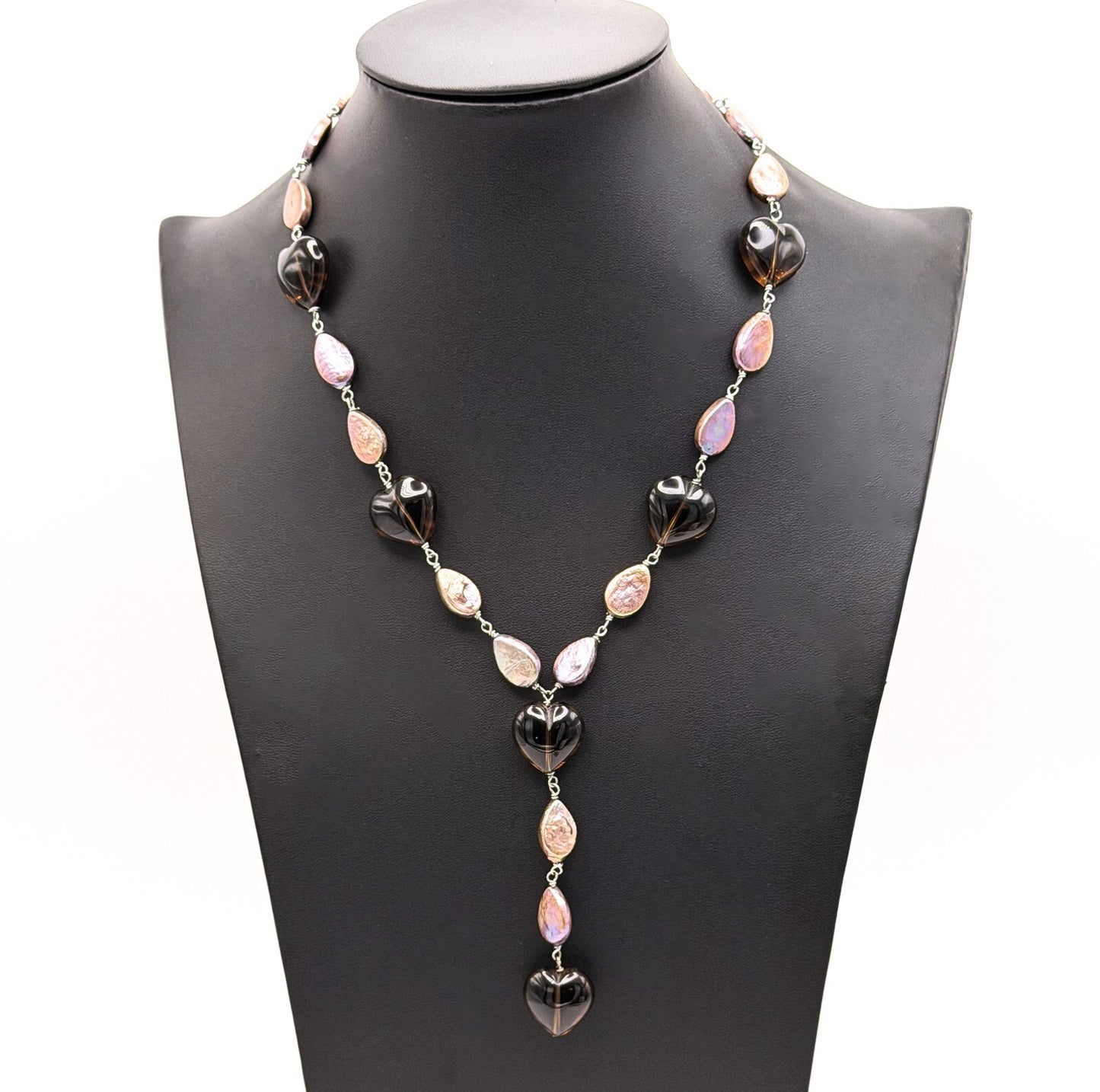ETNIKA Iridescent Purple Keshi Pearl & Glass Heart Lariat Necklace