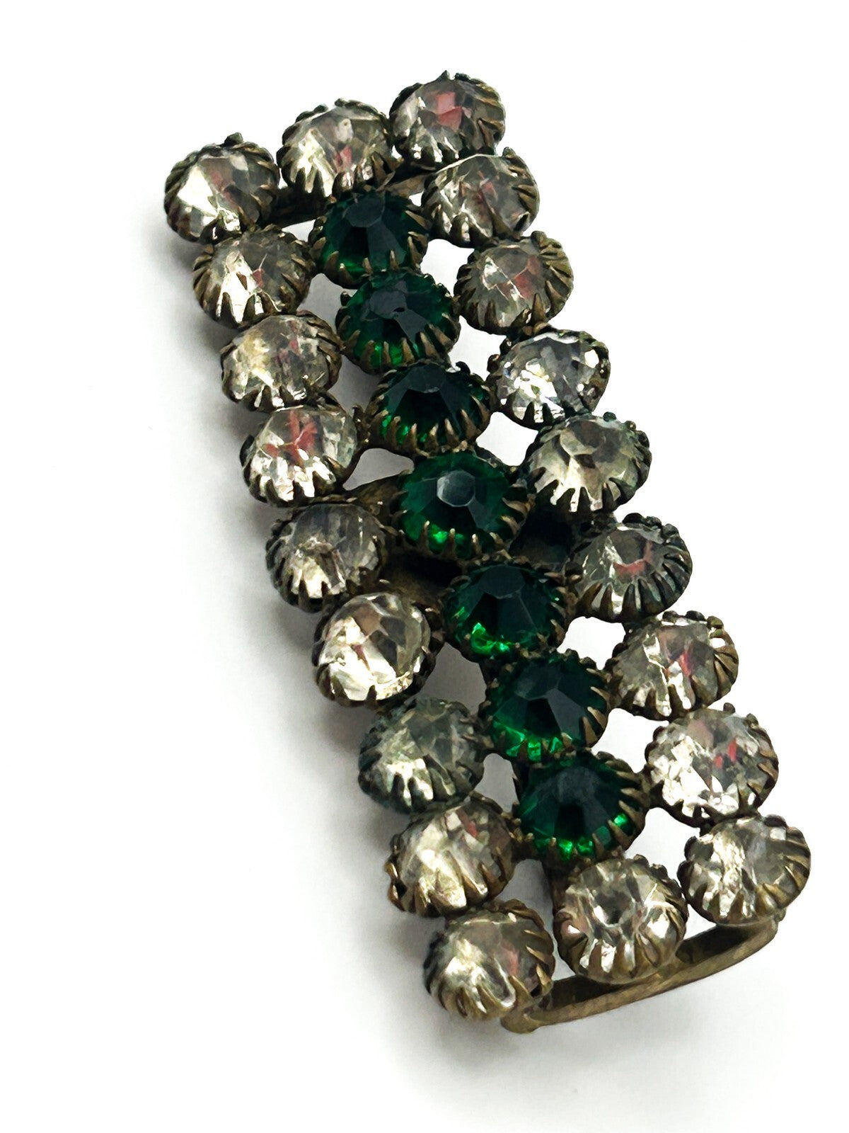 Vintage Green Rhinestone Brooch Bar Pin Clear Glass Art Deco