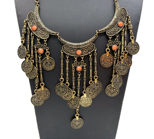 Hollister A&F Bronze Tone Ornate Coin Fringe Boho Statement Necklace
