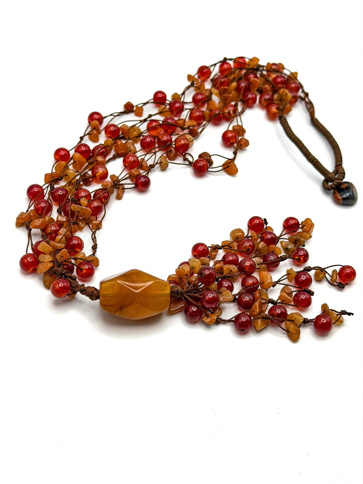 VTG Orange Glass, Acrylic & Carnelian Hand-knotted Statement Boho Necklace