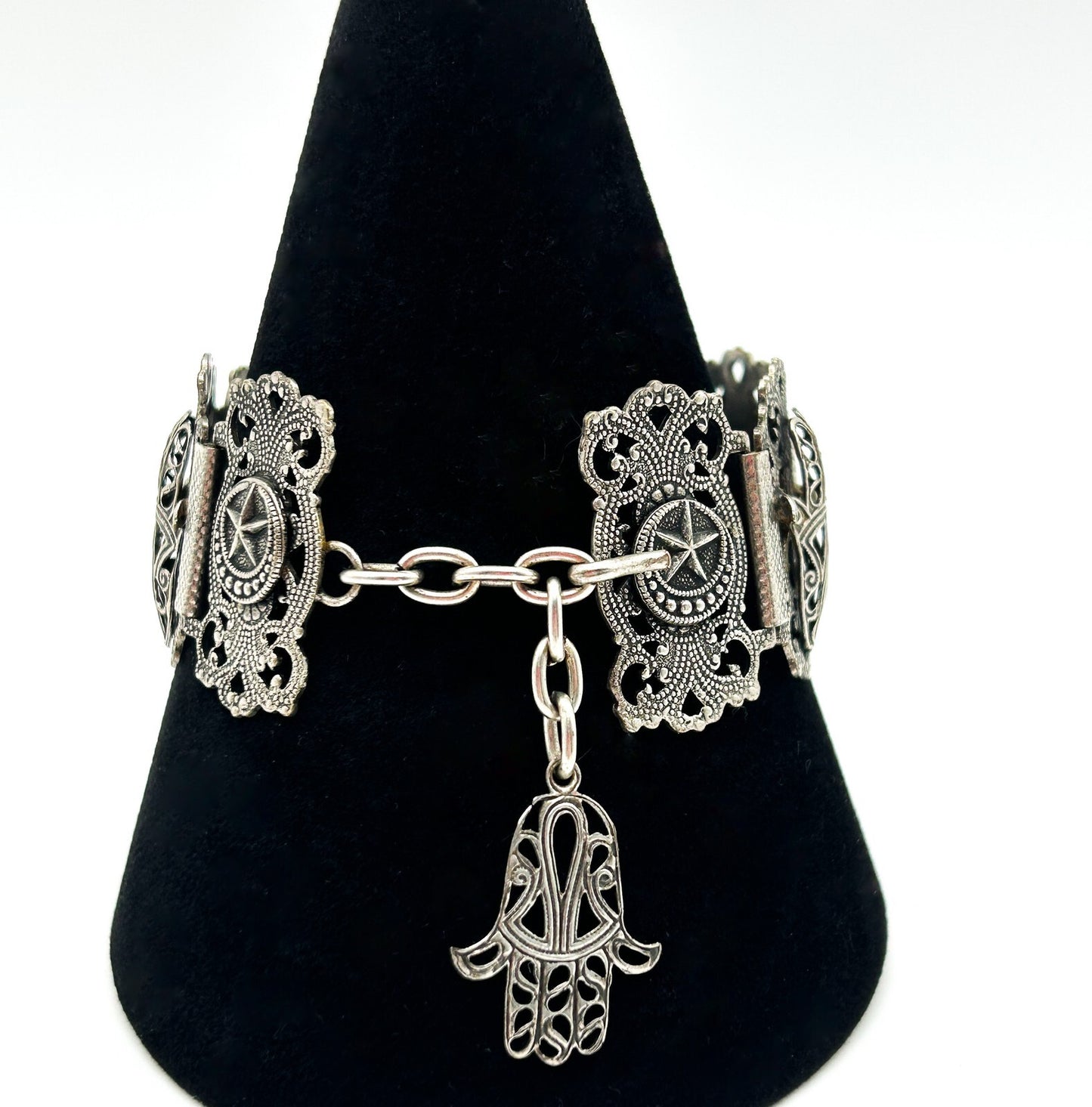 Moroccan Souvenir Silver Tone Filigree Panel Bracelet Elephant Hamsa 8.5”