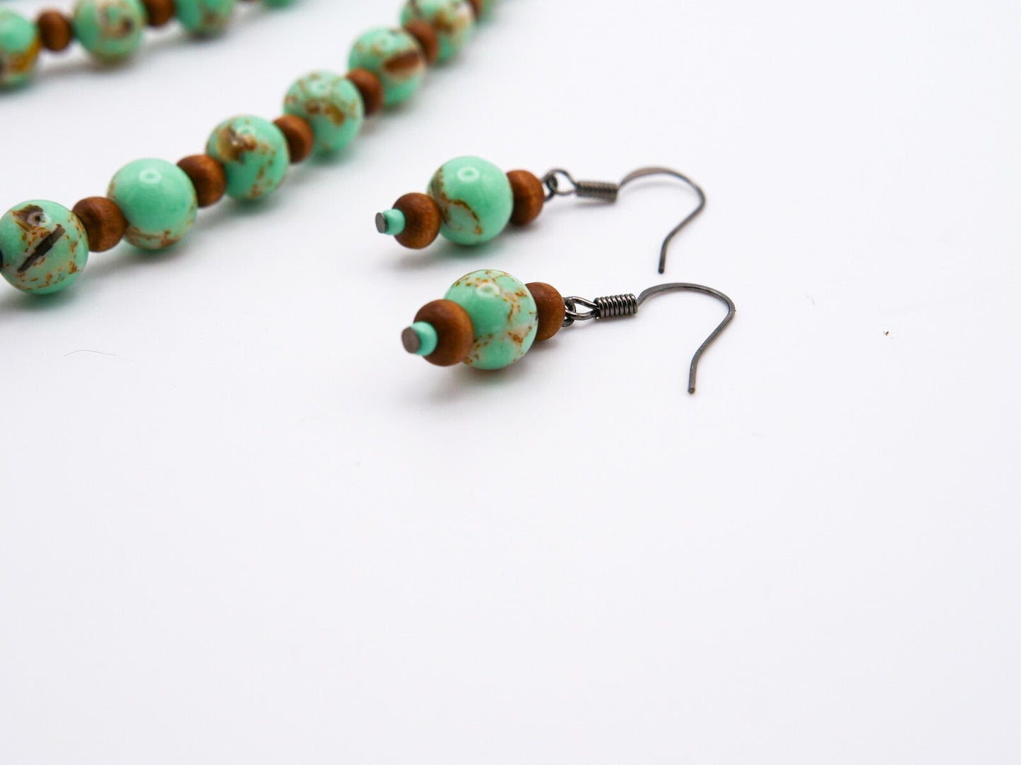 Handmade Brown & Green Beaded Necklace, Bracelet and Earrings Set - Wood Acrylic
