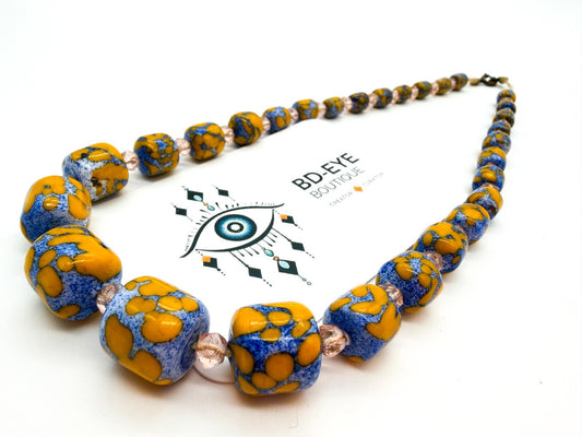 Vintage Blue Yellow Glazed Ceramic Bead Necklace Graduated Knotted Glass 17.5”